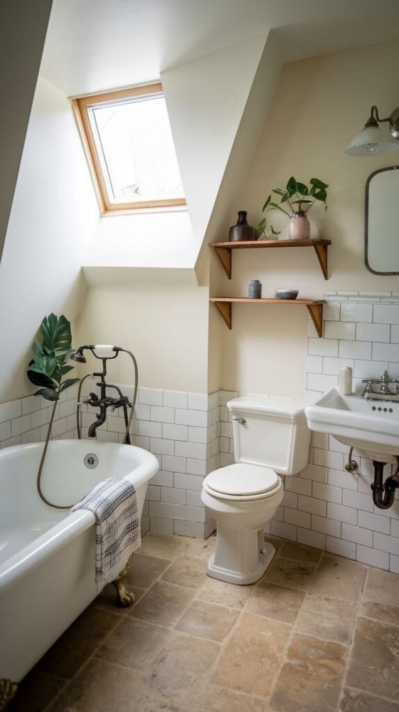 Farmhouse Small Full Bathroom in an attic space with sloped walls, flagstone-look floor tiles, a clawfoot tub, and subway tile wainscoting.