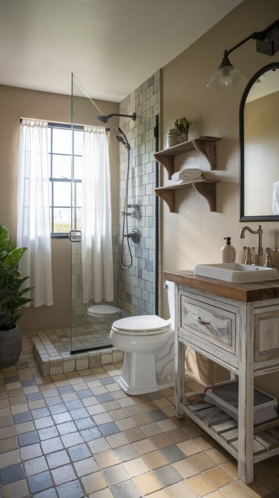 Farmhouse Small Full Bathroom featuring a distressed white wood vanity with a vessel sink, a walk-in shower with tiled walls, and multi-toned square floor tiles.