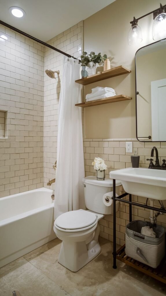 Farmhouse Small Full Bathroom utilizing extensive white subway tile coverage, a black metal frame sink stand, and rustic wood floating shelves.