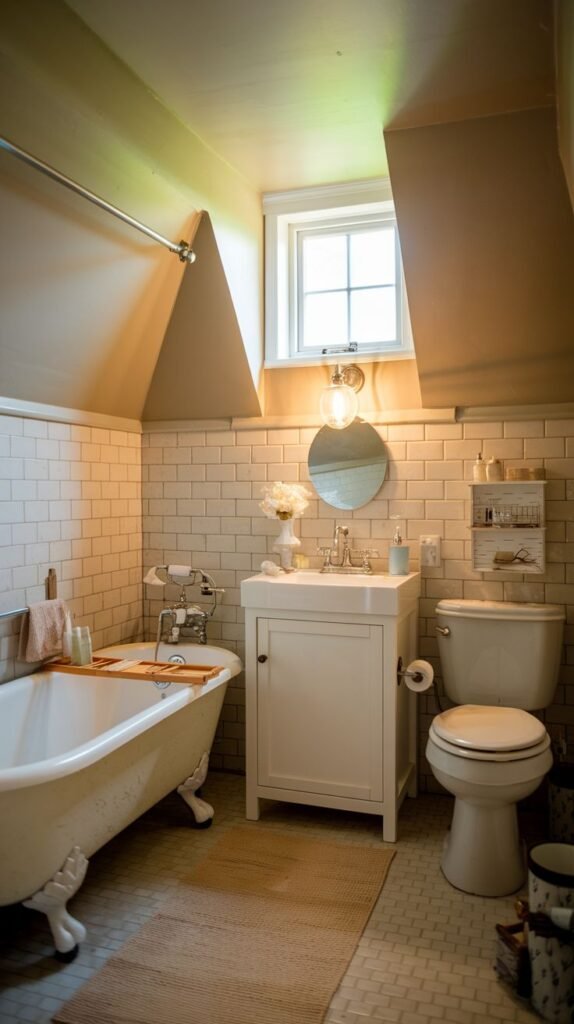 Farmhouse Small Full Bathroom in a sloped attic corner, featuring a clawfoot tub, compact white vanity, and white hexagonal mosaic floor tiles.
