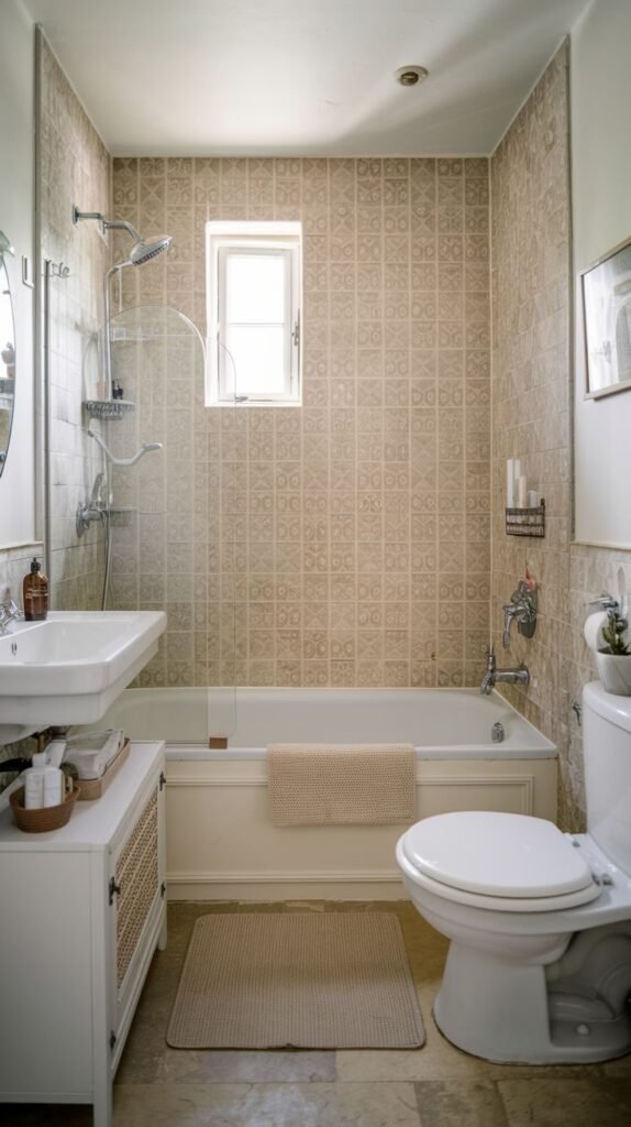 Farmhouse Small Full Bathroom with a tub surround tiled in a neutral patterned design, and a compact white vanity cabinet with textured paneling.