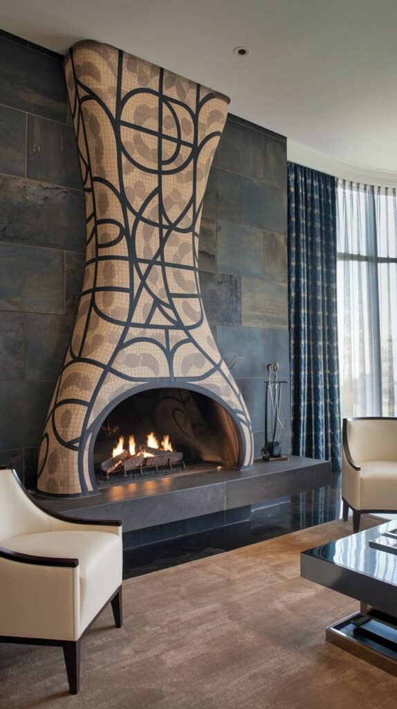Modern fireplace wall featuring a highly sculpted, hourglass-shaped chimney breast clad in light and dark geometric mosaic tilework, set against a background of dark, stacked slate tiles.