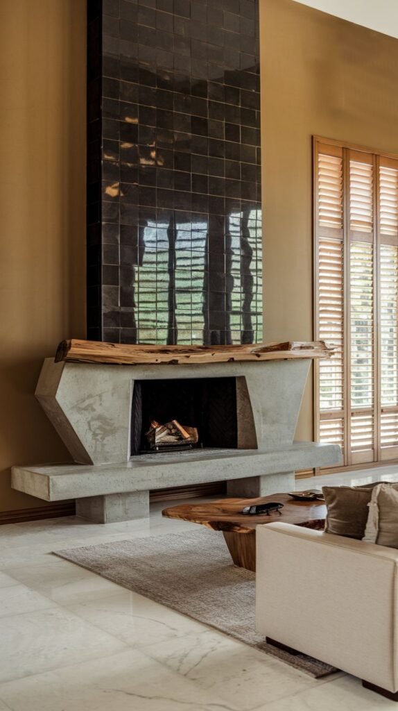 Mid-century modern fireplace with an angular, raw concrete surround and hearth. The chimney breast above is clad in reflective, glossy black square tiles.