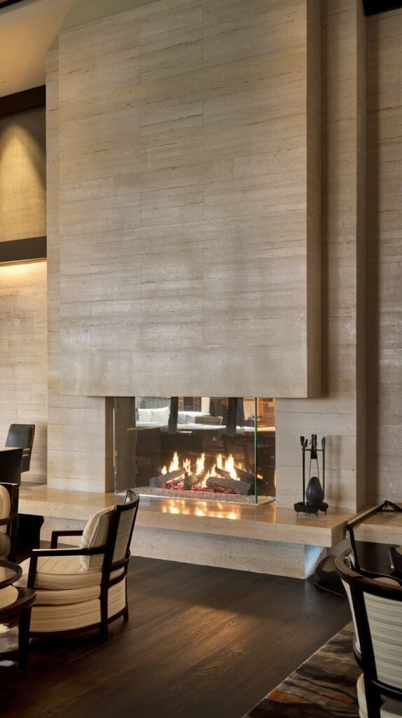 Grand, full-height architectural fireplace structure covered in light, horizontally layered stone. The lower section features a contemporary, gas see-through firebox.
