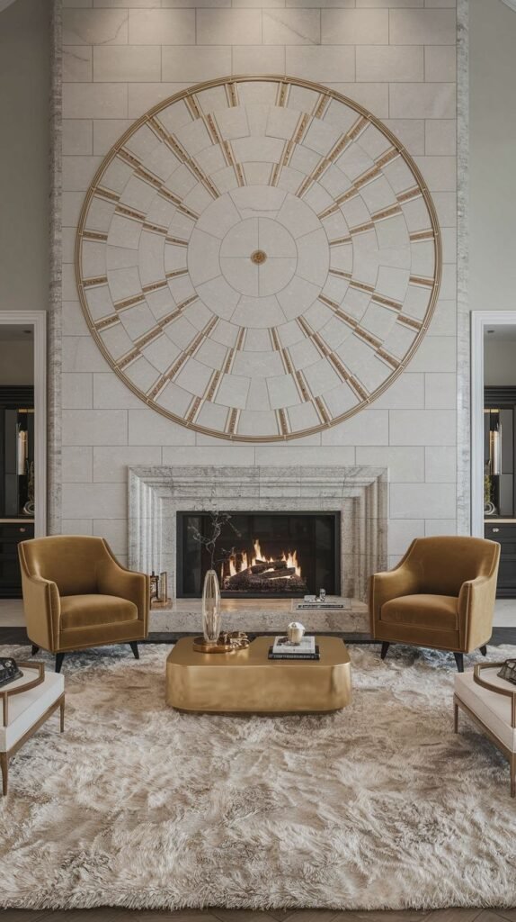 Fireplace wall featuring a large, ornate circular radial design inlaid with gold trim and light patterned stone segments, set against a background of white stone tiles.