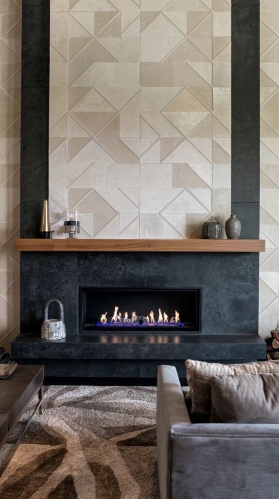 Modern fireplace with a dark, low surround and wooden mantel shelf. The wall above features large, light beige/pale stone tiles arranged in a geometric, faceted relief pattern.