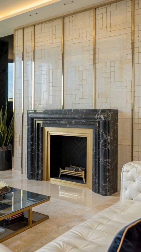 Black marble fireplace surround detailed with multiple layers and gold metal accents. The accent wall above is composed of light, patterned tiles with vertical metallic gold strips emphasizing height.