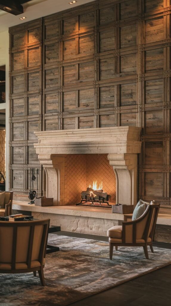Large, traditional light stone mantelpiece. The expansive wall above is covered in rustic, reclaimed wood paneling arranged in a large, symmetrical grid or coffered design.