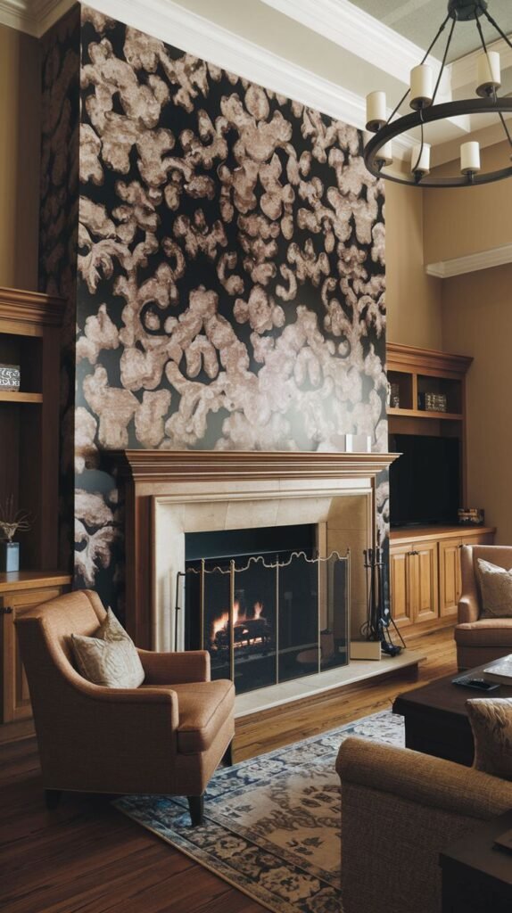 Traditional fireplace with a light stone mantel. The chimney breast above is covered in a highly contrasting decorative panel with swirling dark and light brown/cream abstract patterns.