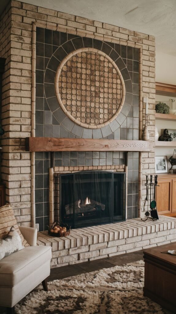 Rustic fireplace wall built from light brick. The central accent area above the mantel features dark square tiles surrounding a circular inlay composed of small, light circular mosaic pieces.