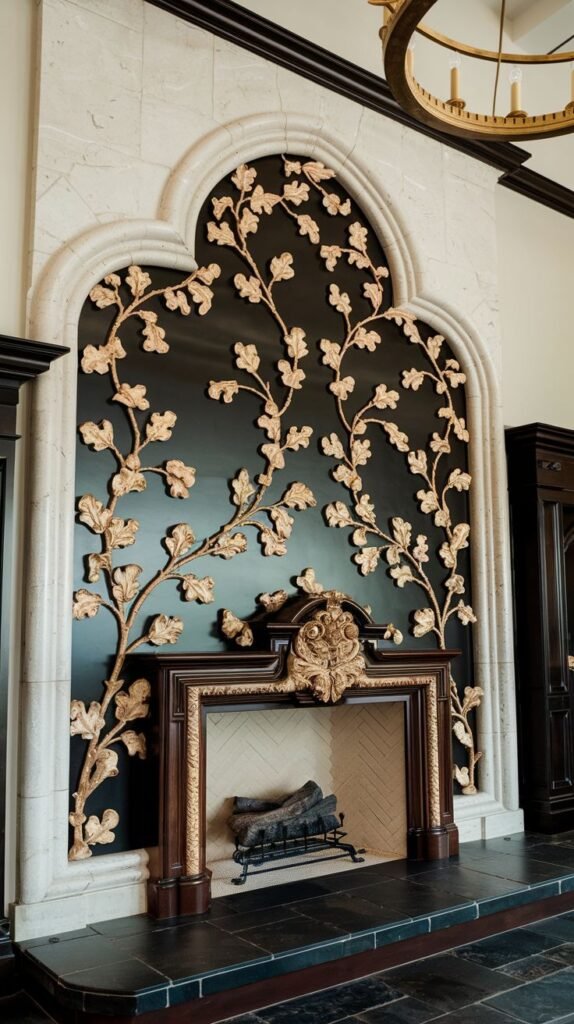 Ornate, dark wooden fireplace surrounded by a tall, pointed arched frame of white carved stone. Within the black panel inside the arch, a dramatic, large-scale relief sculpture of golden vines and oak leaves is mounted.