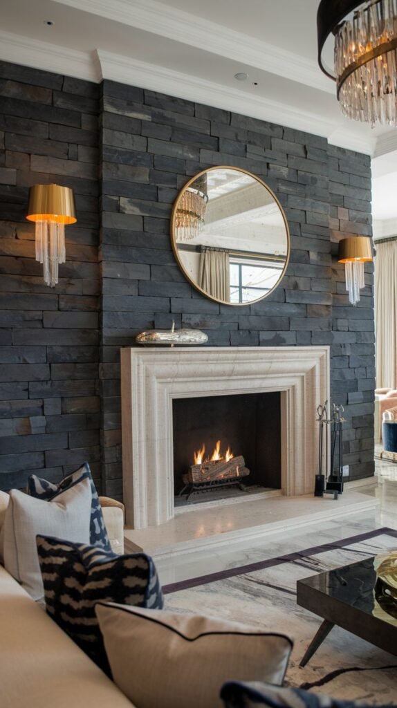 Traditional fireplace with a light, carved stone mantel set against a floor-to-ceiling accent wall of dark stacked stone. A gold-framed circular mirror hangs above the mantel, flanked by decorative gold and crystal sconces.