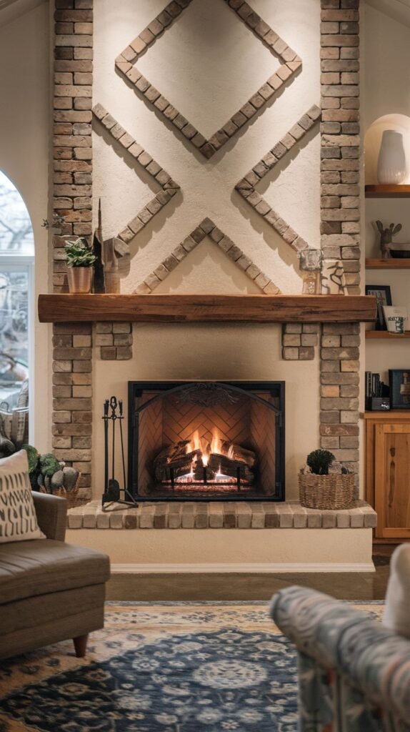 Traditional fireplace with a wooden mantel beam. The walls are light plaster, flanked by vertical columns of rustic brick. Above the mantel, protruding bricks are arranged diagonally to form a large 'X' shape.