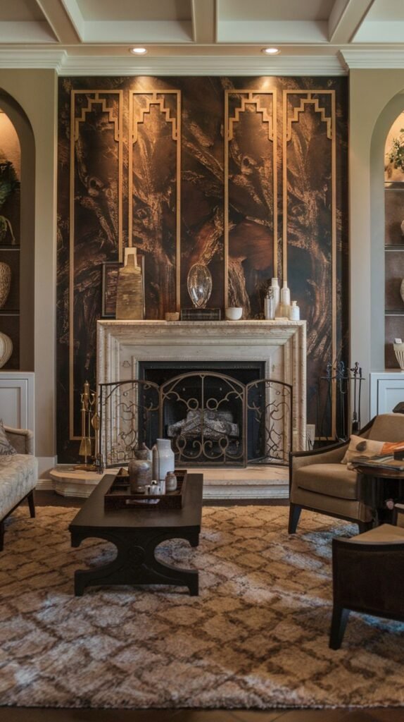 Elegant fireplace with a carved light stone mantel. The accent wall features a dark, highly veined or metallic-toned panel overlaid with three vertical Art Deco geometric window-like trims.
