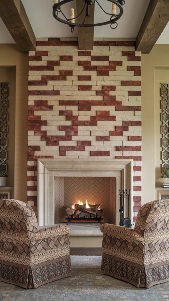 Fireplace wall clad in red and white stacked brick arranged horizontally in an irregular, alternating pattern. A smooth, light stone mantel surrounds the firebox.