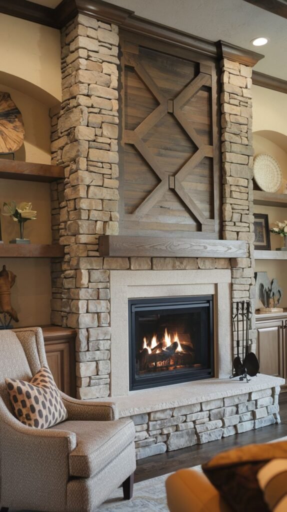 Rustic fireplace featuring thick columns and hearth of stacked fieldstone. The center wall section above the mantel holds a dark wood panel with bold, diagonal wood trim forming an "X" or diamond shape.