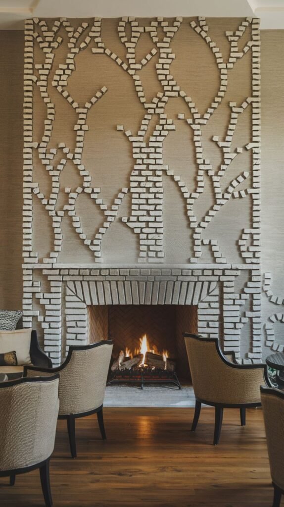Fireplace with a traditional white brick surround. The wall above is covered in sculptural relief where white bricks are laid to form abstract, branching tree and vine shapes against a textured taupe background.