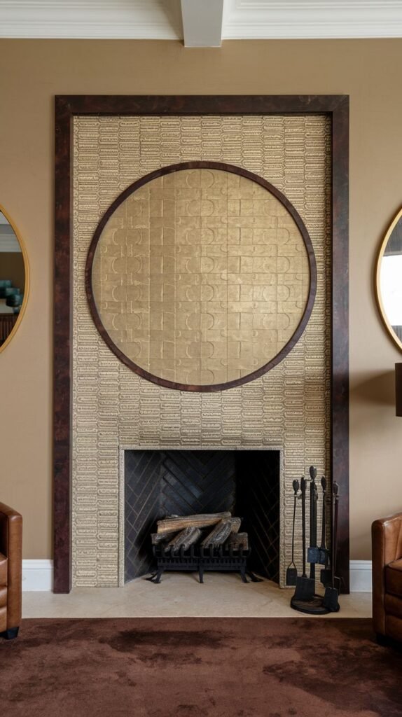 Fireplace accent wall framed in dark wood, filled with small, textured beige tiles. A large, centered oval is embossed or gilded with gold metallic texture.