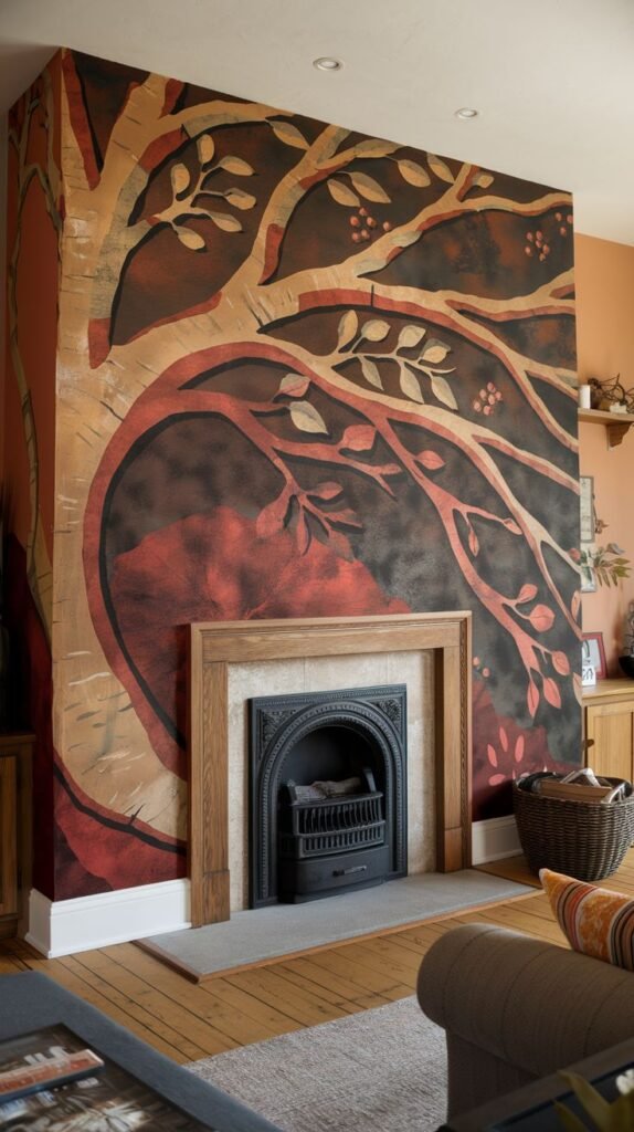 Traditional fireplace with an ornate black cast iron insert. The chimney breast above is covered in a full-scale mural depicting large, stylized tree branches and trunks in earthy reds, browns, and tans.