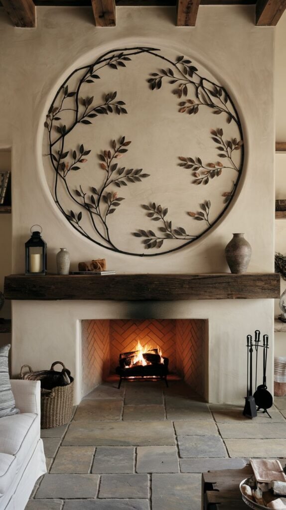 Rustic white stucco or plaster fireplace wall with a thick, distressed wooden mantel beam. A large, circular wrought iron art piece depicting a detailed vine and leaf motif is centered above the mantel.
