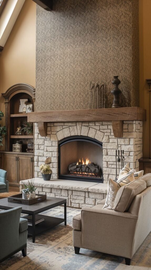 Rustic fireplace surround constructed of large, light-colored rough fieldstones with a heavy wooden mantel. The tall wall above the mantel is covered in a speckled, textured brown wallpaper.