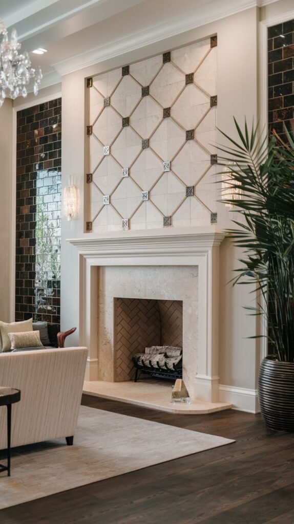Fireplace wall featuring a central grid of light square tiles crossed diagonally by thin trim, with dark accent squares at the intersections, positioned above a white stone mantel. Glossy, dark brown vertical tiles flank the main accent area.