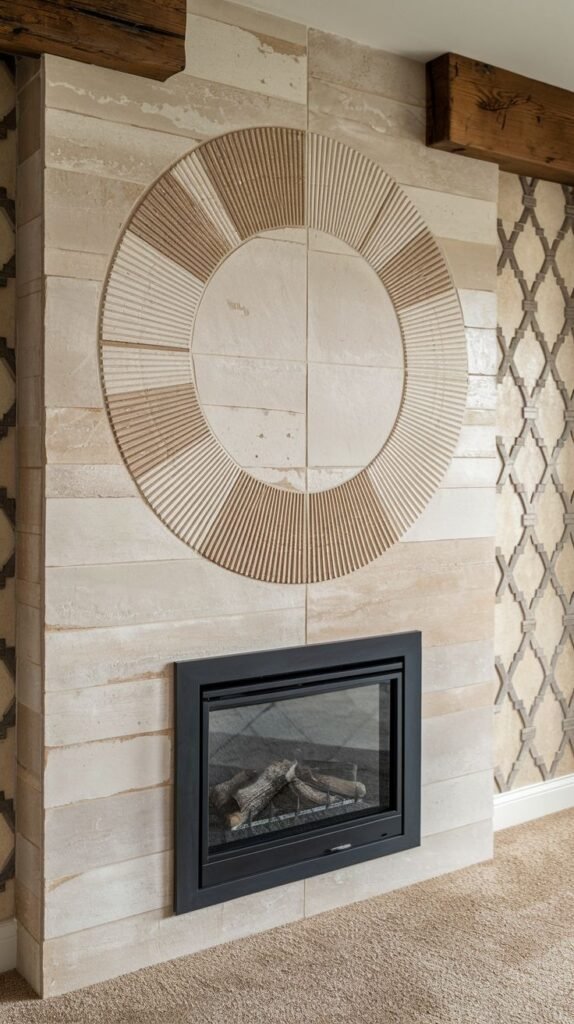 Modern accent wall clad in pale, horizontal stone panels. A large, centered circular carved medallion features radial fluting and smooth stone sections.