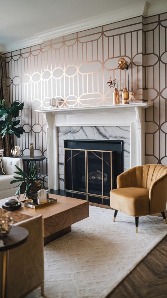 Traditional white marble mantelpiece set against a wall covered in metallic rose-gold Art Deco wallpaper with repeating geometric patterns of circles and ovals.
