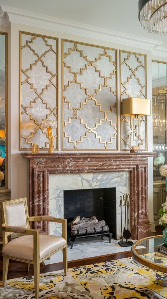 Luxurious fireplace featuring a reddish-brown marbled mantel. The wall above has three vertical panels framed in gold, each containing a light, patterned background overlaid with an intricate gold Moroccan-style trellis design.