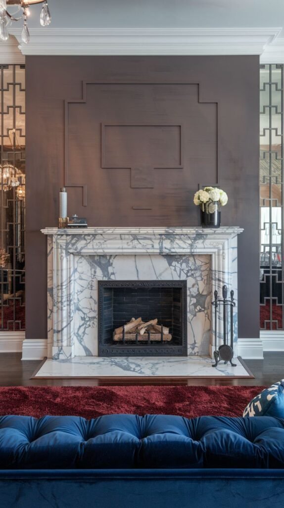 Classic white marble fireplace mantel with prominent gray veining. The wall above is painted deep brown/taupe and features subtle raised geometric paneling. Vertical mirrored panels flank the wall area.