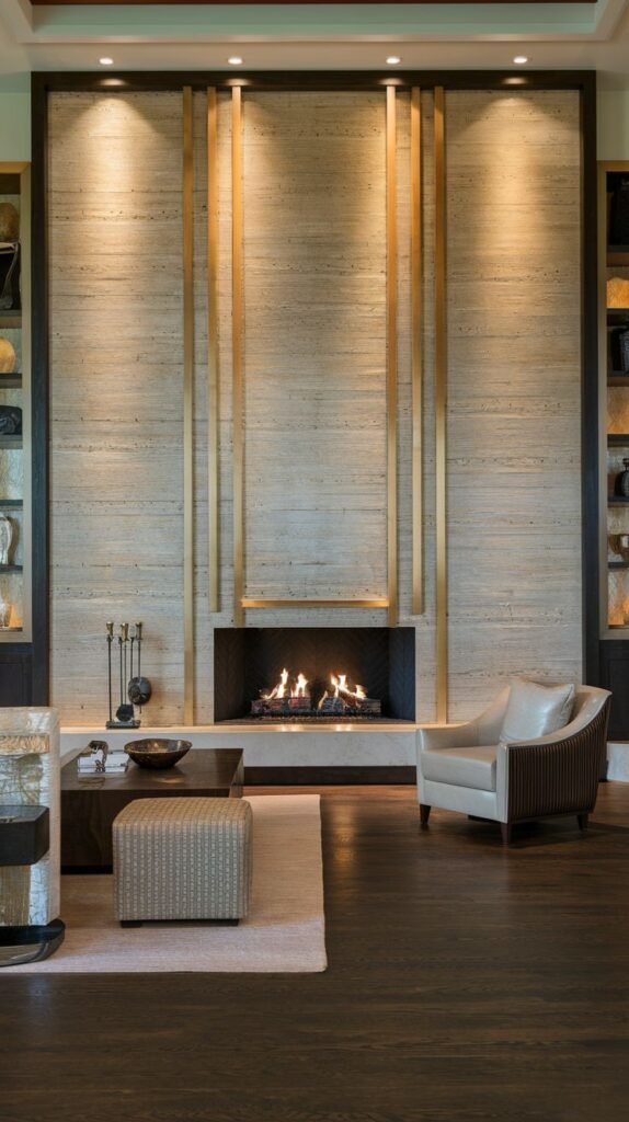 Tall, modern fireplace wall clad in wide, light, horizontally textured or banded stone. The wall is framed by dark wood and accented by three vertical polished brass strips running from ceiling to the linear firebox.