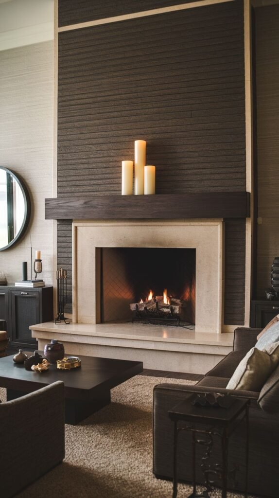 Fireplace with a simple, light stone surround and a heavy, dark wood mantel shelf. The wall above the mantel features a dark, horizontally ribbed texture.