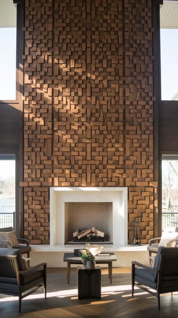 Massive, double-height fireplace wall covered entirely in high-relief wooden blocks of varying protrusion and depth, creating a 3D textured surface. A simple white stone surround frames the firebox below.