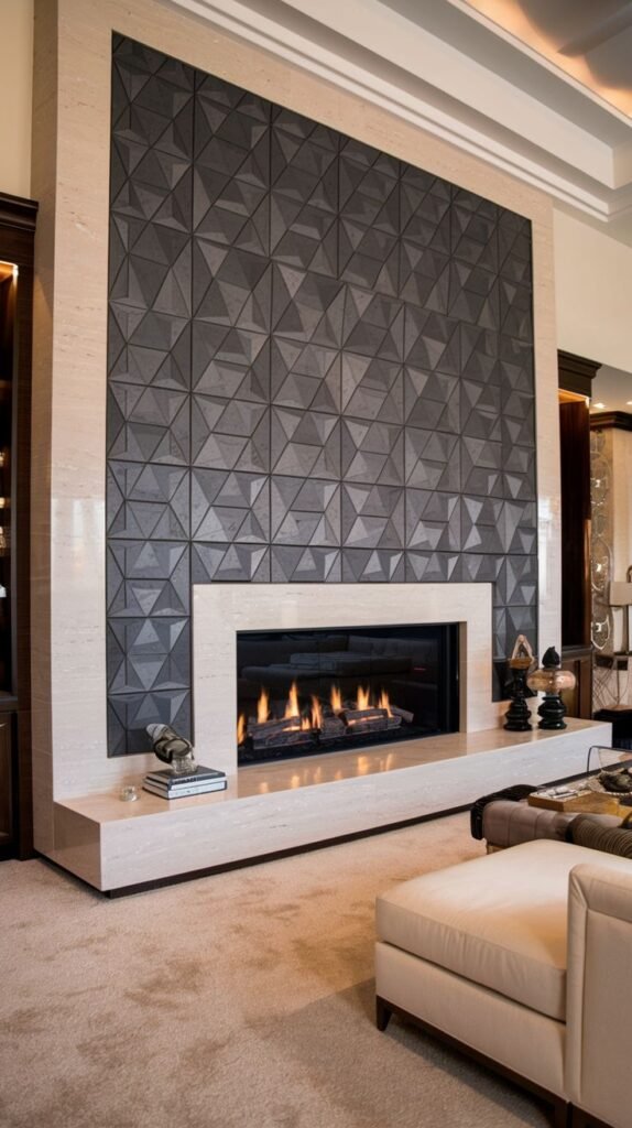 Contemporary fireplace featuring a wide, light travertine or stone surround framing the firebox and extending into a large hearth. The accent wall above is covered in dark gray geometric tiles forming a fractured, triangular pattern.