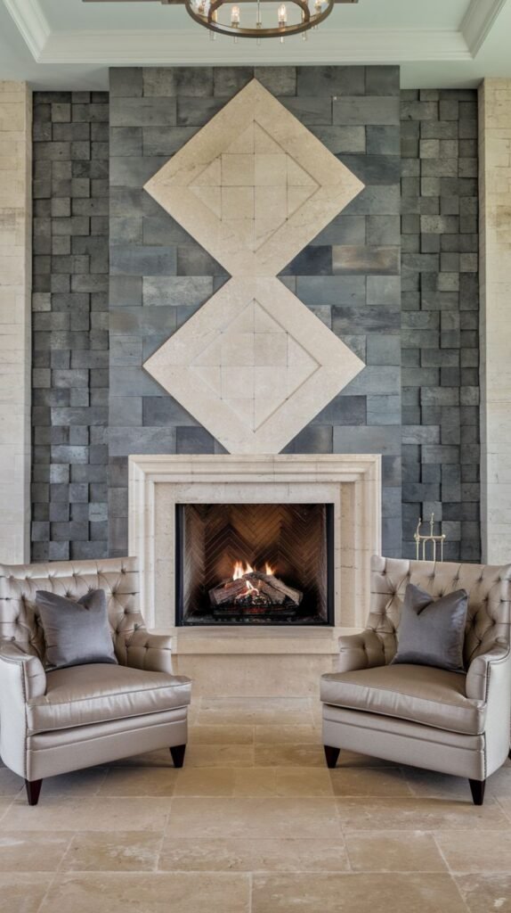 Fireplace accent wall composed of dark, stacked three-dimensional blocks. The dark blocks are interrupted by two large, stacked, light-colored diamond-shaped panels.