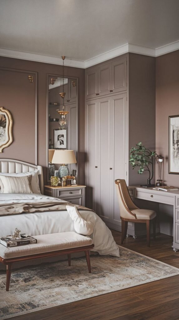 Japandi Small Bedroom in a sophisticated mauve palette, featuring an upholstered bed, a tall mirror over the nightstand, and tailored built-in wardrobes and a desk.