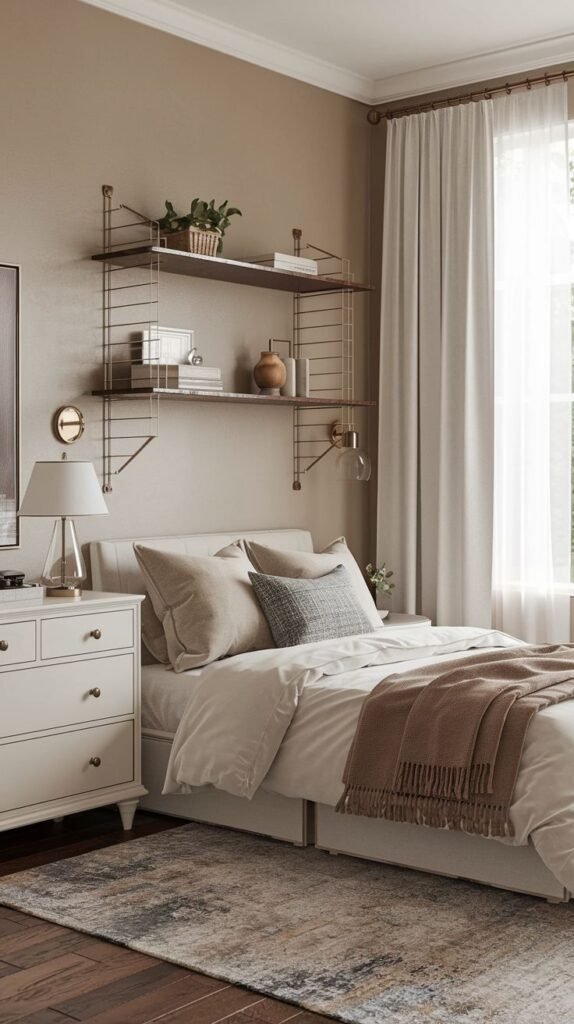 Japandi Small Bedroom in neutral tones featuring a white multi-drawer dresser and a lightweight, wall-mounted shelving system above the bed using dark wood shelves supported by thin metal rods.