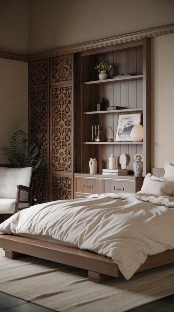 Japandi Small Bedroom with a dark wood platform bed and a custom wall unit featuring both open shelving and large panels of intricately carved, decorative wood.