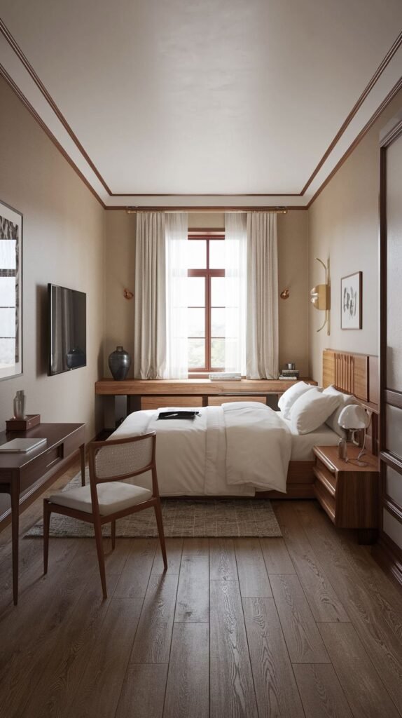 Japandi Small Bedroom designed for a narrow space, featuring a lengthwise bed setup and a long, continuous wooden ledge/desk running beneath the window.