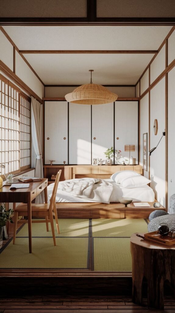 Japandi Small Bedroom with a traditional Japanese aesthetic, featuring Tatami mats on the floor, exposed timber framing, shoji screens covering the window, and a woven pendant light.