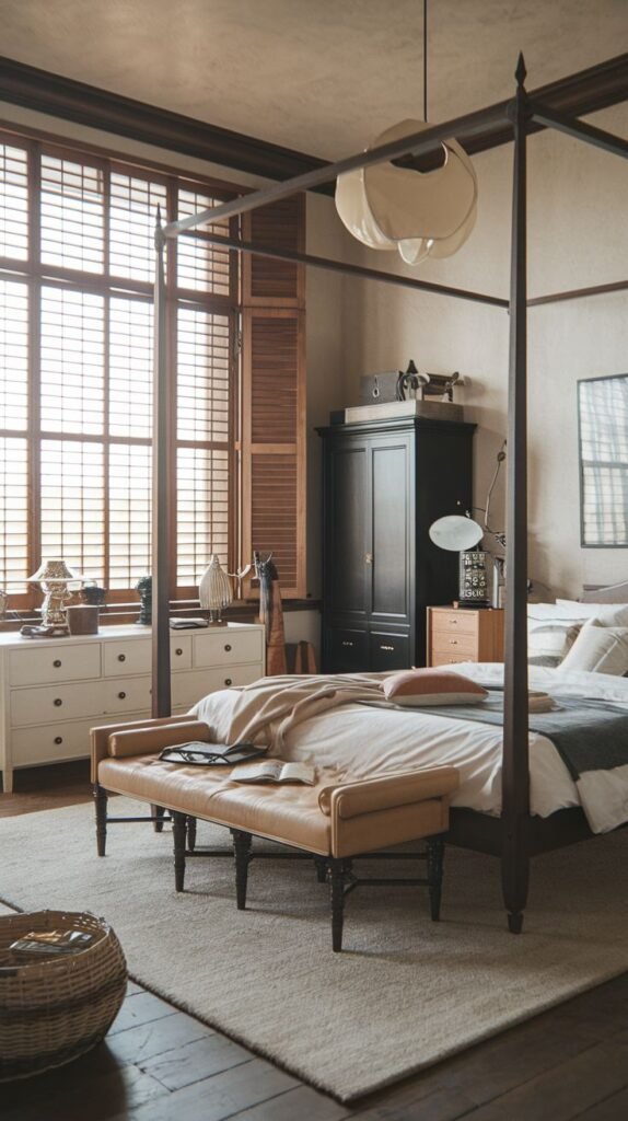 Japandi Small Bedroom featuring a dark wood four-poster bed, traditional wooden slatted interior shutters on the window, and contrasting black and white storage furniture.