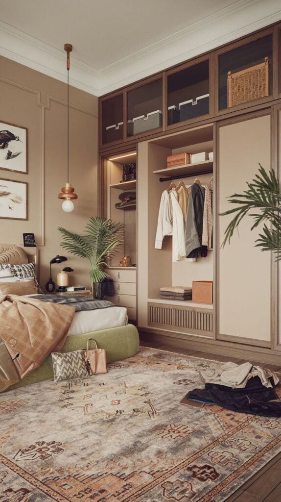 Japandi Small Bedroom utilizing extensive wall-to-wall integrated storage with wood framing, pale doors, open shelving bays, and closed glass-fronted cabinets.