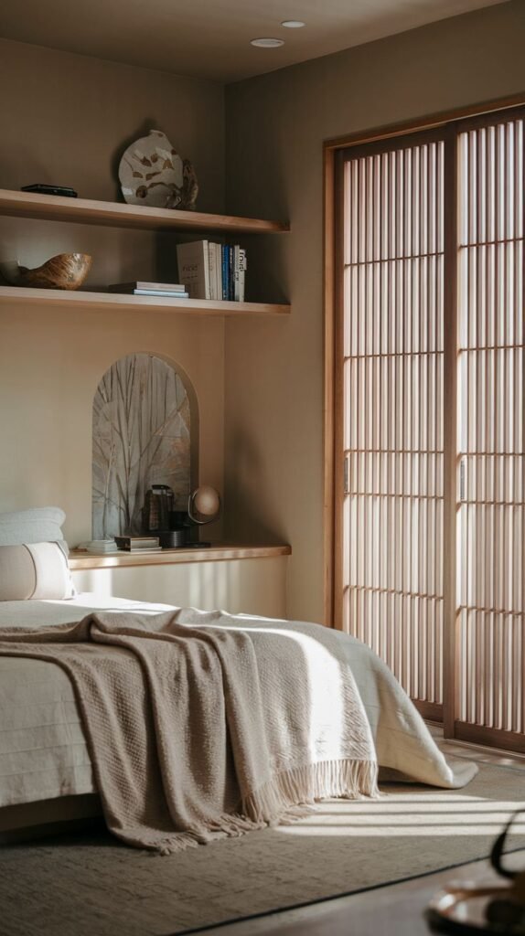 Japandi Small Bedroom focusing on soft light filtered by vertical wood-slatted screens, built-in wooden shelving, and a recessed arched niche above the headboard.