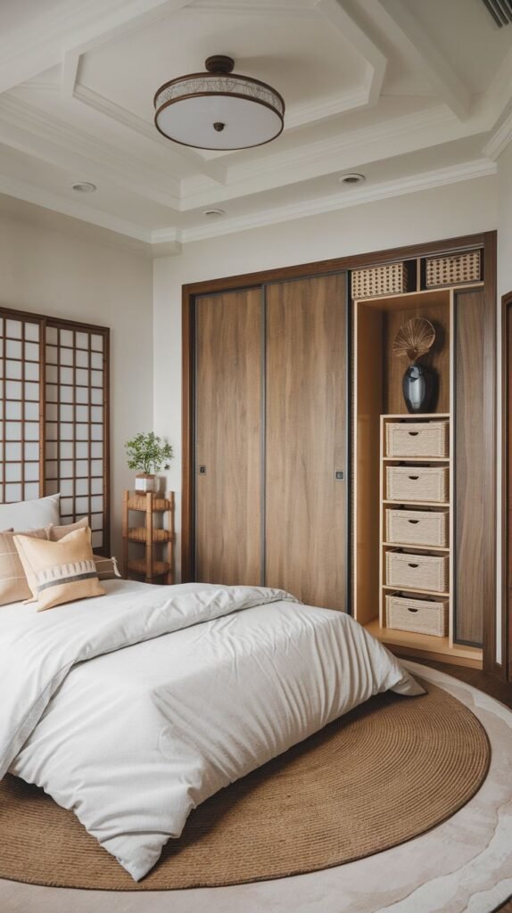 Japandi Small Bedroom showcasing efficiency with large wood-tone sliding wardrobes, a low bed centered on a round woven rug, and visible internal organization utilizing woven baskets.