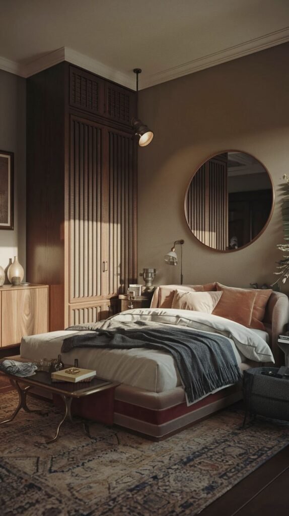 Japandi Small Bedroom with a moody color scheme, featuring a tall, dark wood wardrobe with vertical slatted doors and a large, simple circular mirror over the bed.