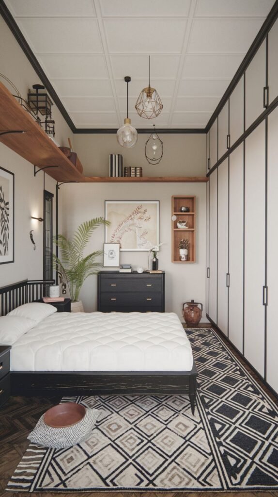 Japandi Small Bedroom optimized for narrow space, featuring a floor-to-ceiling white wardrobe with black trim, a low black bed, and a dominating black and white geometric patterned rug.