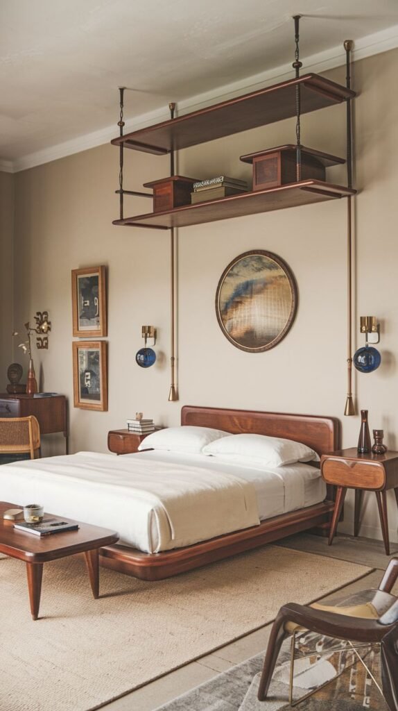 Japandi Small Bedroom with a Mid-Century Modern feel, featuring a low, rounded dark wood bed frame and a dramatic overhead dark wood shelf structure suspended by brass rods.