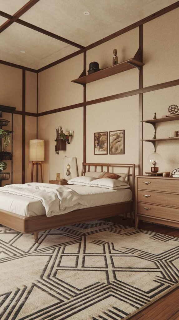 Japandi Small Bedroom defined by exposed dark timber wall and ceiling framing, light wood furniture (including a spindle bed), and a contrasting large rug with a bold geometric pattern.