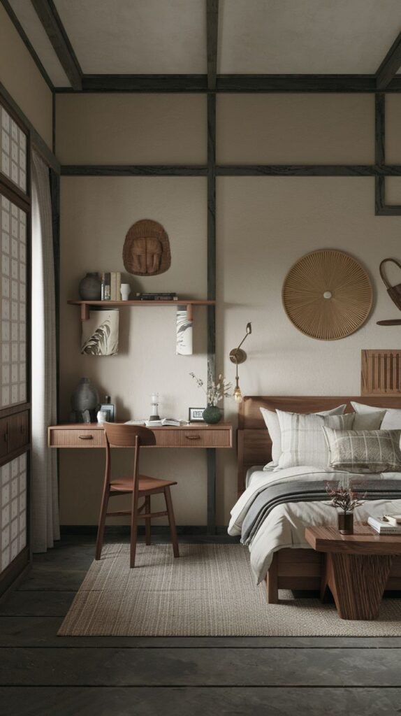Japandi Small Bedroom featuring traditional exposed dark timber framing, incorporating a simple wooden desk and chair near a shoji-screened window.