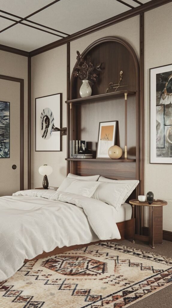 Japandi Small Bedroom with high contrast and architectural detail, dominated by a built-in dark wood arched niche serving as the headboard shelf unit.